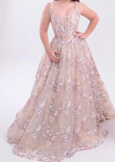 Kate | Ball Gown/Princess Blush Floral 3D Flower Square Neckline Prom Dress - Blush Floral - PromDressClub