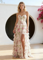 Kiera Ivory Floral Ruffle High Low Prom Dress | A - Line Strapless Sweetheart Neckline Tulle Pleated Cocktail Dress with Bow - Ivory Floral - PromDressClub