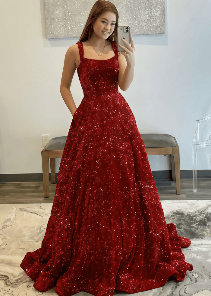 Kitty | A - line Sparkly Dark Red Long Prom Dress - Price #price_variant_lowest# - Dark Red - PromDressClub