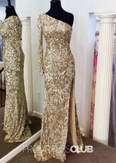 Lauren |Long Gold Prom Dresses Shops With Stunning Sequins Mermaid One Sleeve Slit - Price #price_variant_lowest# - Gold - PromDressClub