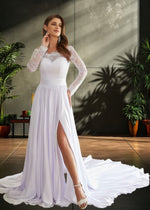 Lena | A Line/Princess Off the Shoulder Long Sleeve Satin and Lace Wedding Dress with Cathedral Train - White - PromDressClub