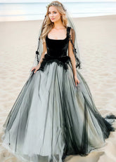 Leticia | Elegant Black Velvet Square Neck Wedding Dress with Gray Tulle Skirt - Black - PromDressClub