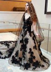 Lila | Elegant Black Lace Wedding Dress with Sheer Veil for Modern Brides - Black - PromDressClub