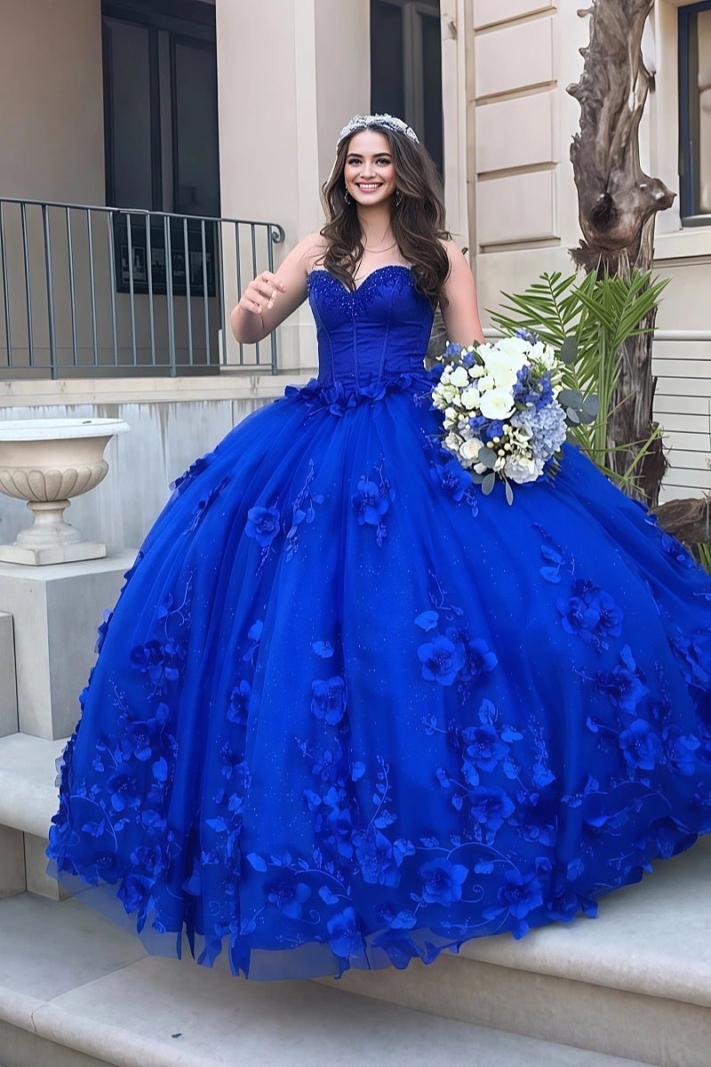 Linda |Hot Sweetheart Royal Blue Quince Dress Beaded Flowers with Bow - Royal Blue - PromDressClub