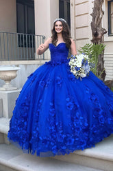 Linda |Hot Sweetheart Royal Blue Quince Dress Beaded Flowers with Bow - Royal Blue - PromDressClub