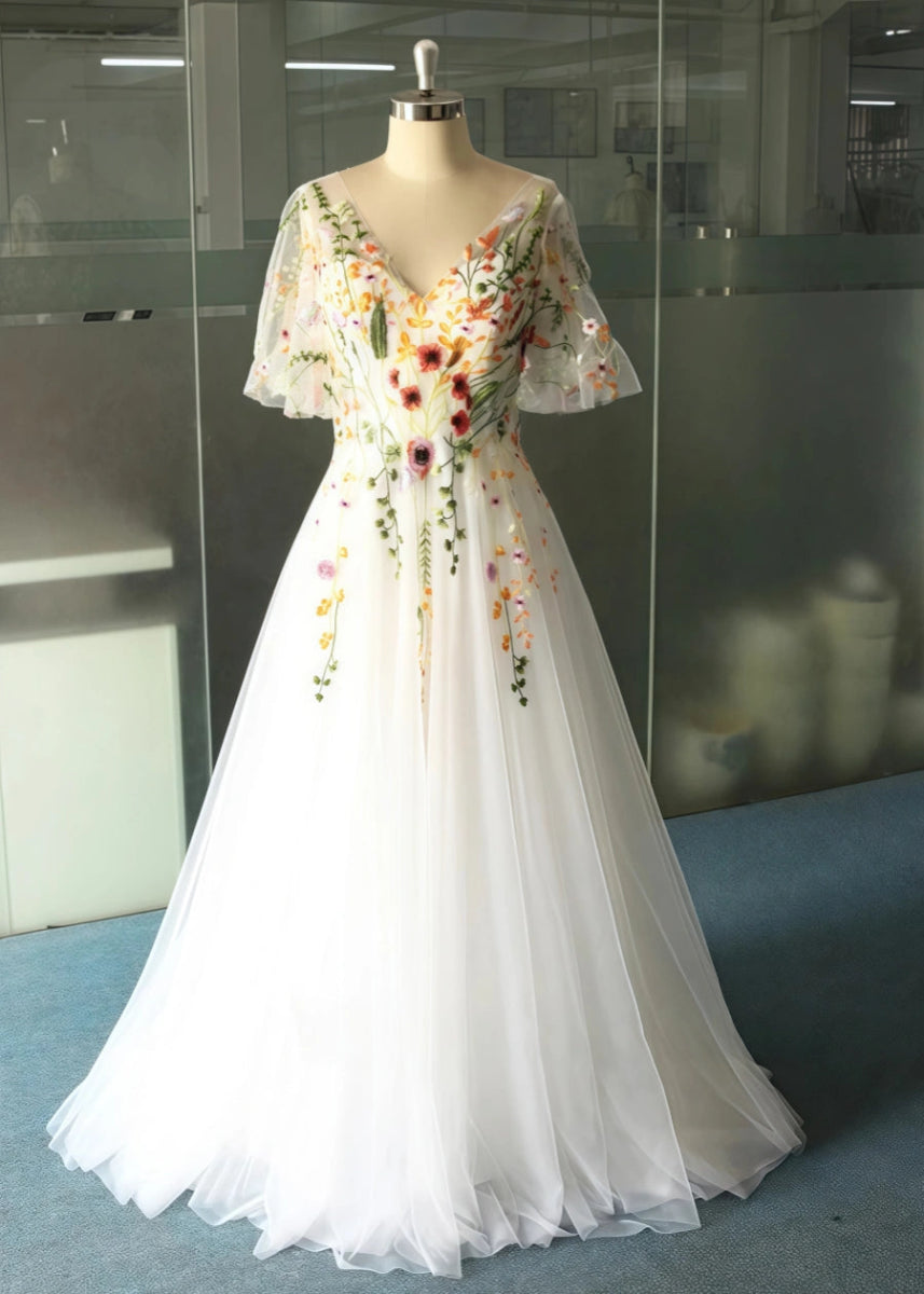 Lisa | Discover Floral Cap Sleeve V Neck Wedding Dresses for Elegant Brides - White Floral - PromDressClub