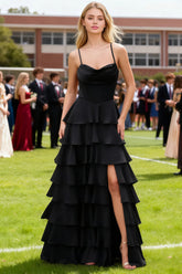 Luminance Black Tiered Ruffled Cowl Neck Prom Dress | A - Line Spaghetti Straps Corset Pleated Satin Dress with Slit - US0 - PromDressClub