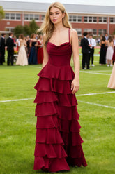 Luminance Dark Red Tiered Ruffled Cowl Neck Prom Dress | A - Line Spaghetti Straps Corset Pleated Satin Dress with Slit - US0 - PromDressClub