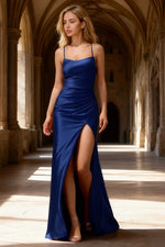 Luna Neptune Satin Sheath Spaghetti Strap Prom Dress | Sexy Scoop Neck Pleated Open Back Slit Gown - US0 - PromDressClub