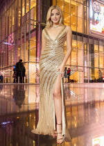 Selena | Mermaid Gold V Neck Sequin Prom Dress with Slit - Gold - PromDressClub
