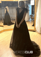 Mabel |Long Black Prom Dresses Near Me With A Line V Neck Sequined Tulle Slit - Price #price_variant_lowest# - Black - PromDressClub