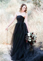 Mamie | Gothic Black Corset Strapless Backless Wedding Dress Train - Black - PromDressClub