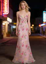 Maren Floral Pink Sparkly Dress Prom | Mermaid Spaghetti Strap V - Neck Beaded Formal Dress with Sequins - Pink - PromDressClub