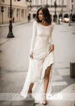 Maxine |Long White Wedding Dresses Near Me With Vintage Floral Boho Lace Sleeves Modest Boat Neck Low - V Back Princess Bridal Gown - Price #price_variant_lowest# - White - PromDressClub