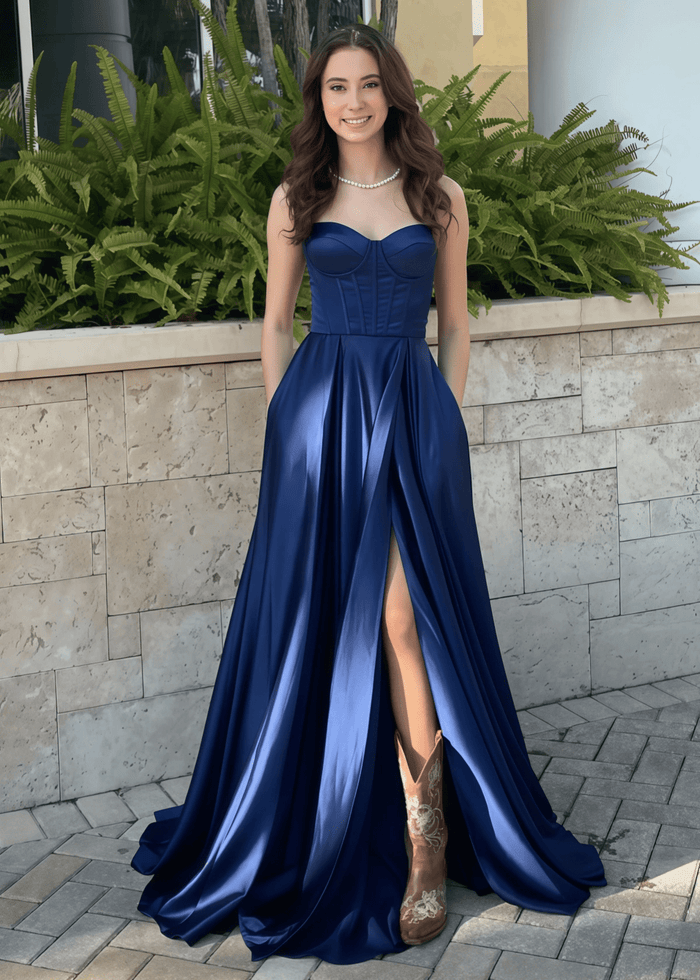 Meroy | A Line Navy Blue Satin Maxi Prom Dress Stores Near Me - Price #price_variant_lowest# - Navy Blue - PromDressClub