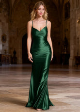 Mila Emerald Green Satin Backless Prom Dress | Mermaid Spaghetti Straps V - Neck Ruched Dress - US0 - PromDressClub