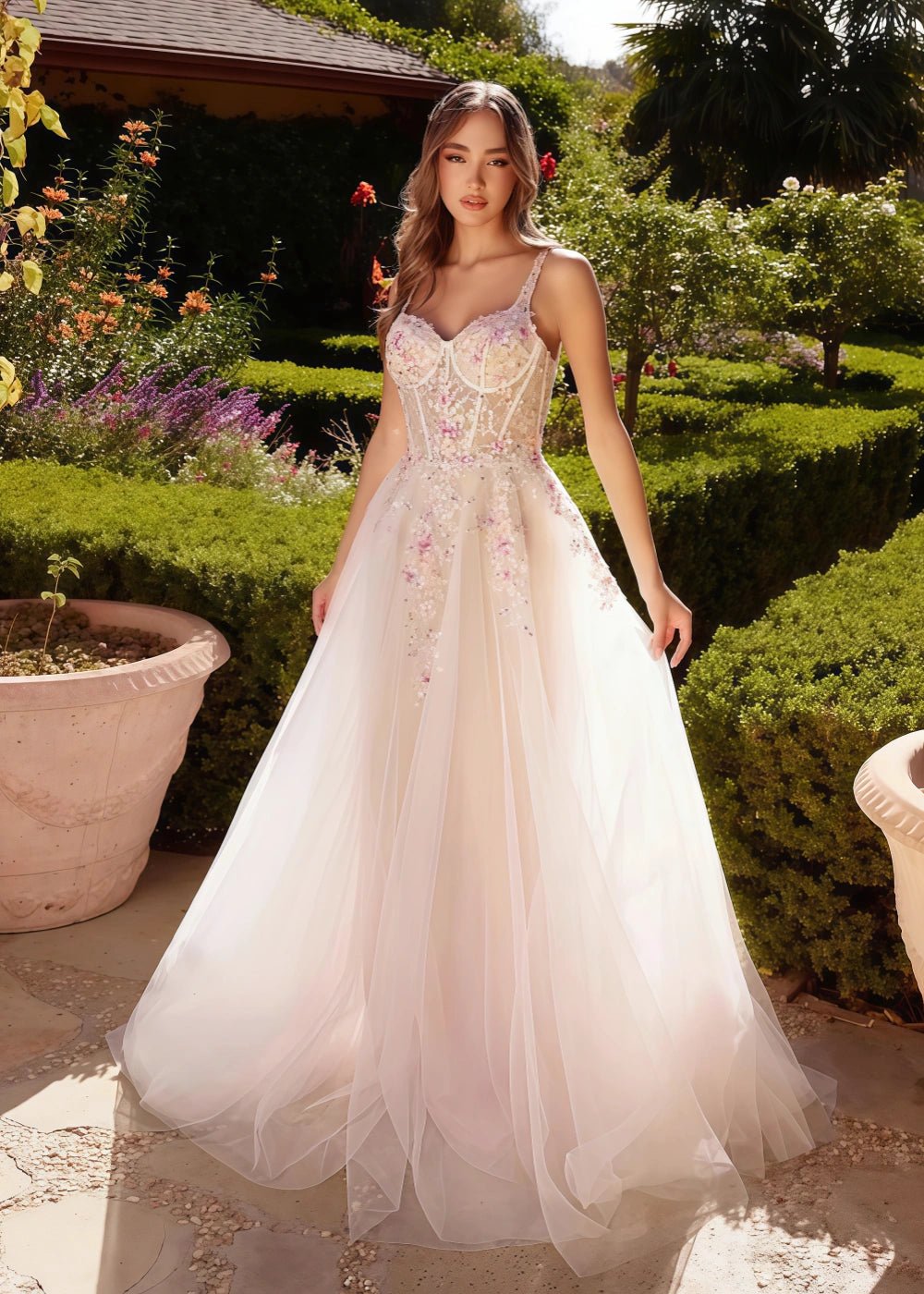 Miranda | Stunning Champagne Sweetheart Neck Corset Flower Prom Dress - Champagne Floral - PromDressClub