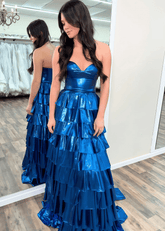 Mona | A Line Metallic Ruffle Tiered Ink Blue Long Prom Dress - Price #price_variant_lowest# - Ink Blue - PromDressClub