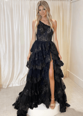 Monica | A Line Tiered Ruffle Black Tulle Sequin Long Prom Dress - Price #price_variant_lowest# - Black - PromDressClub