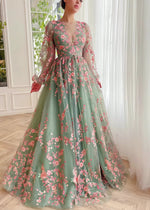 Naomi | Stunning Sage Green Long Sleeve Flower Corset Prom Dress - Sage Floral - PromDressClub