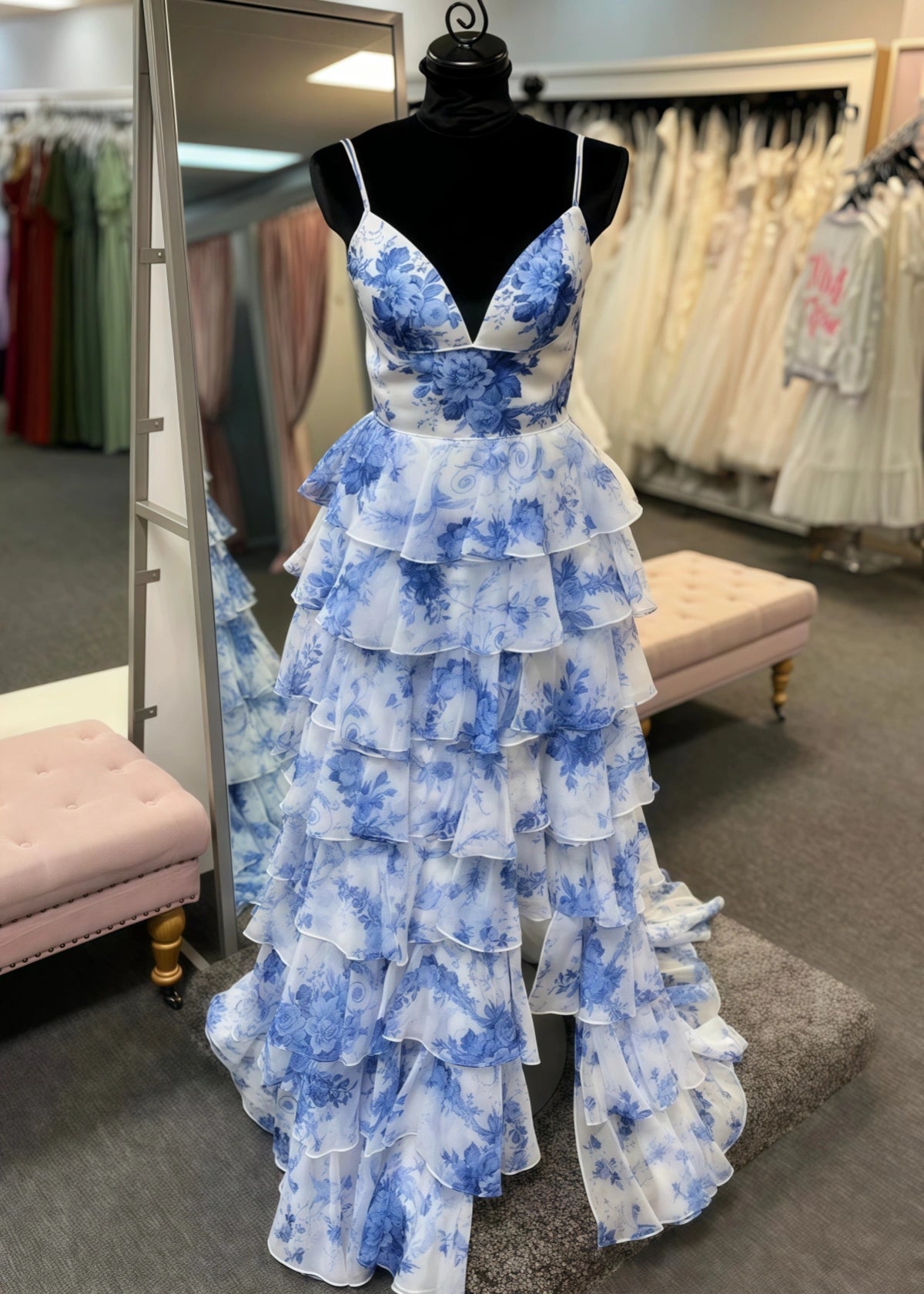 Nicole | A Line Ruffle Tiered Blue White Print Floral Long Prom Dress - Price #price_variant_lowest# - Blue Floral - PromDressClub
