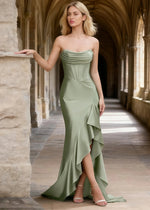 Nora Sage Green Strapless Corset Prom Dress | Mermaid Cowl Neck Floor Length Dress with Ruffled Slits - US0 - PromDressClub