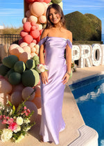Nora Women's Lilac Off the Shoulder Dress for Prom | Sheath Strapless Satin Floor Length Formal Dress - Lilac - PromDressClub