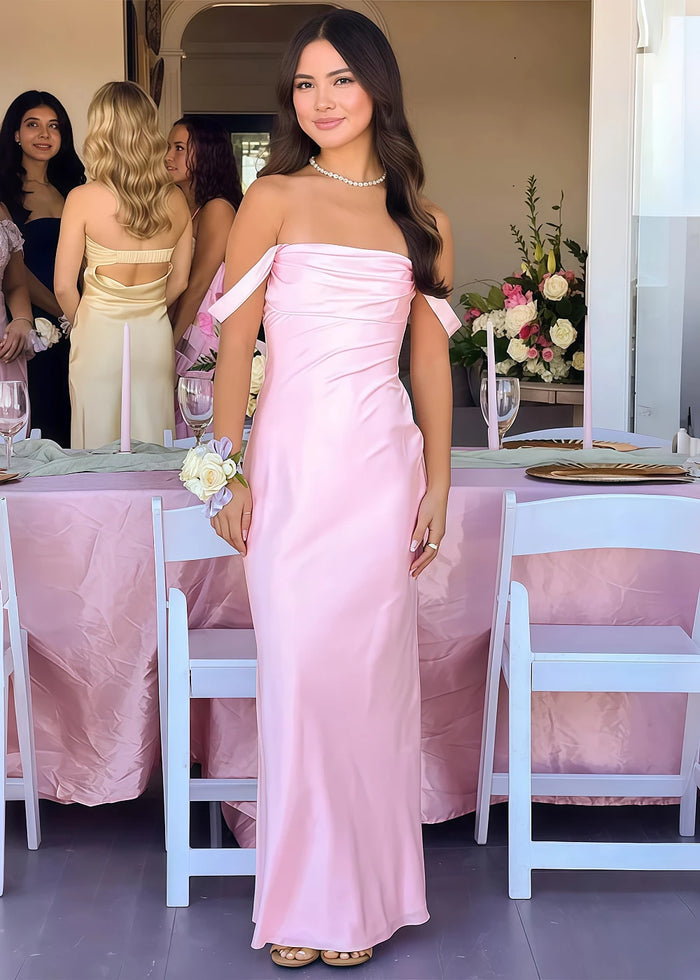 Nora Women's Light Pink Off the Shoulder Dress for Prom | Sheath Strapless Satin Floor Length Formal Dress - Light Pink - PromDressClub