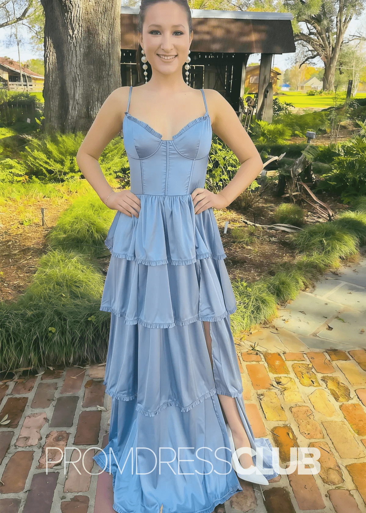 Norma |Blue Prom Dresses Long Shops With A Line Straps V - Neck Tiered Slit - Price #price_variant_lowest# - Light Blue - PromDressClub