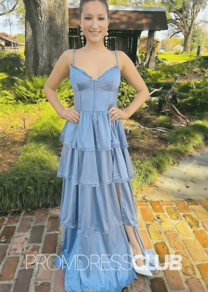 Norma |Blue Prom Dresses Long Shops With A Line Straps V - Neck Tiered Slit - Price #price_variant_lowest# - Light Blue - PromDressClub