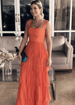 Nydia | Elegant A Line Square Layered Orange Satin Long Prom Dress - Price #price_variant_lowest# - Orange - PromDressClub