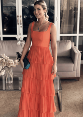 Nydia | Elegant A Line Square Layered Orange Satin Long Prom Dress - Price #price_variant_lowest# - Orange - PromDressClub