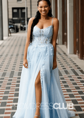 Nydia |Light Blue Prom Dresses Long Near Me With A Line Straps Corset Tulle High Slit - Price #price_variant_lowest# - Light Blue - PromDressClub