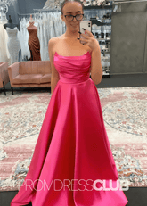 Odelia |Long Hot Pink Prom Dresses Shops With A Line Strapless Satin Long Formal Gown - Price #price_variant_lowest# - Hot Pink - PromDressClub