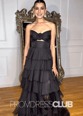 Olga |Black Long Prom Dresses Store With A - Line Strapless Tiered Chiffon V - Neck Layered - Price #price_variant_lowest# - Black - PromDressClub
