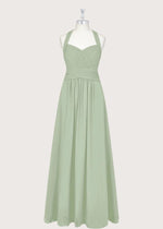 Pamela | A - Line Halter Sage Green Chiffon Long Bridesmaid Dresses - Price #price_variant_lowest# - Sage - PromDressClub