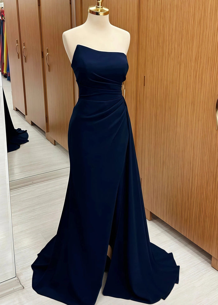 Paula | Mermaid Strapless Ruched Corset Navy Blue Satin Maxi Bridesmaid Dress - Price #price_variant_lowest# - Navy Blue - PromDressClub