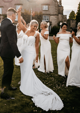 Phyllis | Sheath Column White Satin Pleats Long Bridesmaid Dress - Price #price_variant_lowest# - White - PromDressClub