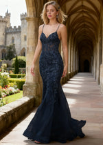 Quinn Navy Blue Flower Mermaid Prom Dress | Spaghetti Strap V - Neck Open Back Tulle Gown - Navy Blue - PromDressClub