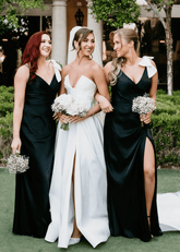 Rebecca | Sheath Column Bow Pleated Black Satin Long Bridesmaid Dress - Price #price_variant_lowest# - Black - PromDressClub