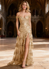 Reverie Champagne Ruffle Off the Shoulder Prom Dress | Mermaid Sweetheart Strapless Sequin Dress Split - US0 - PromDressClub