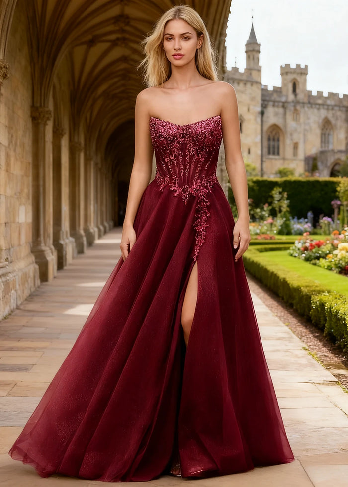 Rhea Burgundy Corset Glitter Prom Dress | A - Line Strapless Floor Length Formal Dress with Slit - Burgundy - PromDressClub