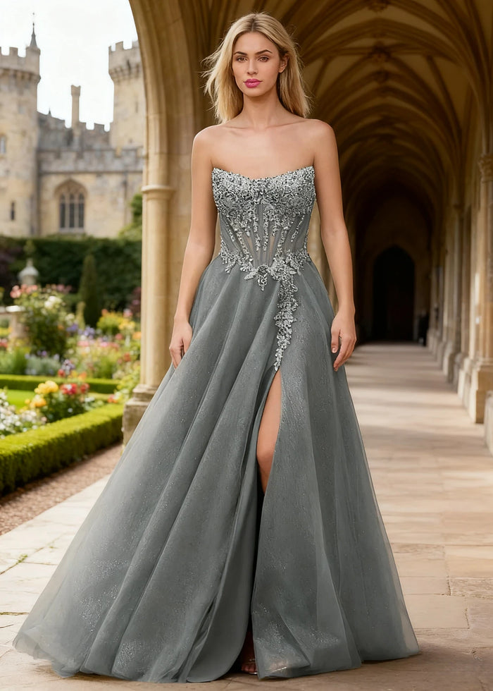 Rhea Silver Corset Glitter Prom Dress | A - Line Strapless Floor Length Formal Dress with Slit - Silver - PromDressClub