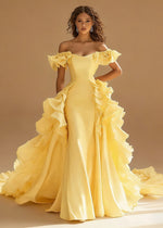 Riona Satin Yellow Ruffle Prom Dress | A-Line Off the Shoulder Tiered Strapless Formal Dress