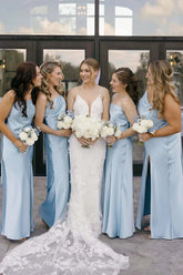 Roberta | Sheath Column Pleats Bow and Slit Light Blue Satin Long Bridesmaid Dress - Price #price_variant_lowest# - Light Blue - PromDressClub