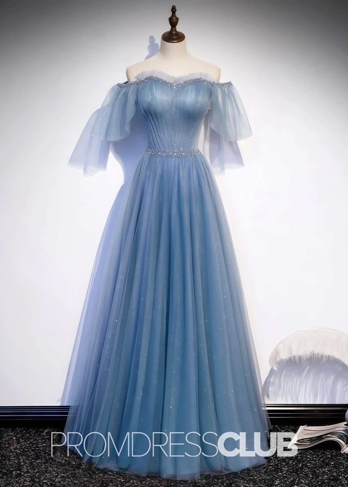 Sabina |Long Light Blue Prom Dresses Stores With Sweetheart - Neck Tulle Flare Sleeves Beaded Sequin - Price #price_variant_lowest# - Light Blue - PromDressClub