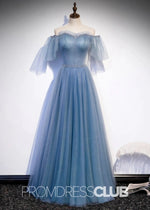 Sabina |Long Light Blue Prom Dresses Stores With Sweetheart - Neck Tulle Flare Sleeves Beaded Sequin - Price #price_variant_lowest# - Light Blue - PromDressClub