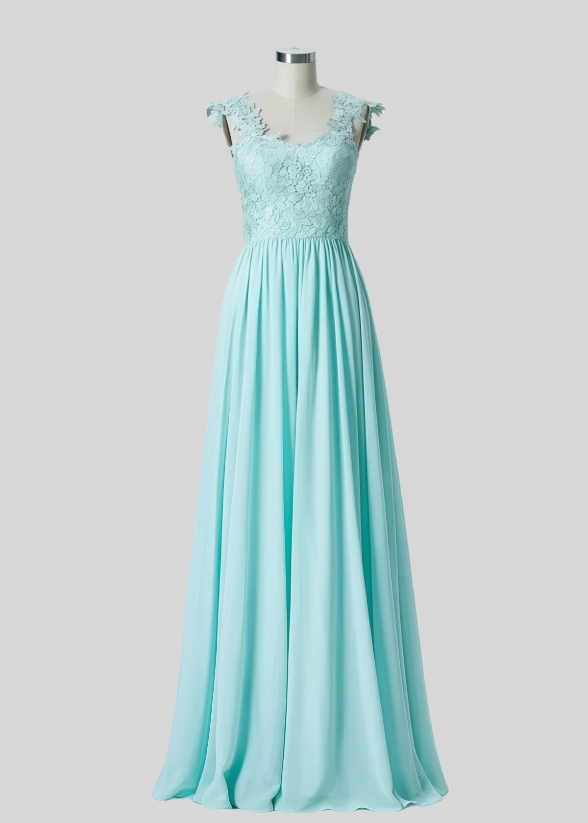 Sabrina | A Line Lace Embroidered Pleated Aqua Blue Tulle Long Bridesmaid Dress - Price #price_variant_lowest# - Aqua - PromDressClub