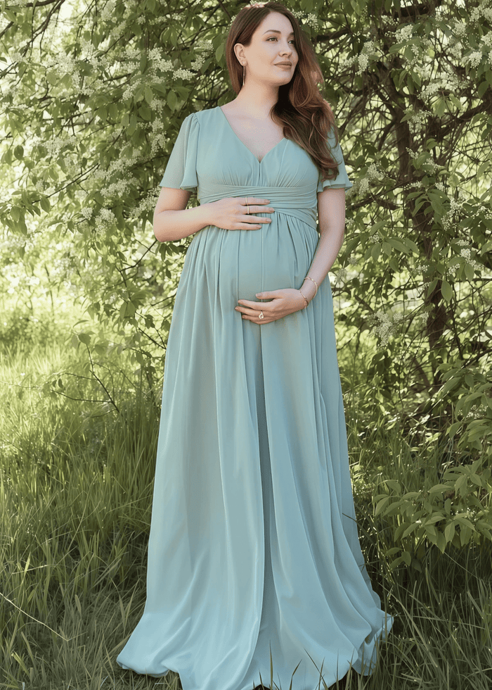 Salome | A Line Maternity Plus Size Sage Green Chiffon Long Bridesmaid Dress - Price #price_variant_lowest# - Sage - PromDressClub