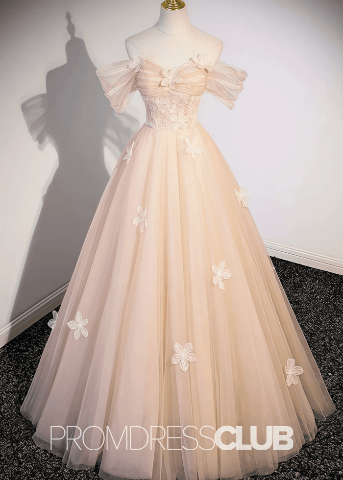 Sarah |Champagne Long Formal Dresses With A Line Off Shoulder Cute Flowers Tulle - Price #price_variant_lowest# - Champagne - PromDressClub
